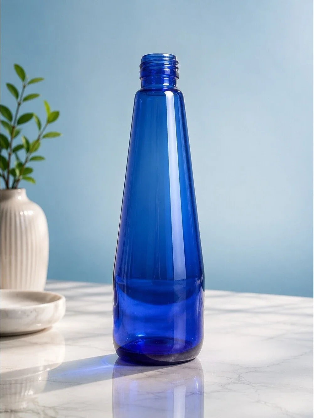 Vintage 1970s Cobalt Blue Glass Bottle Cone Shape, 8.5”